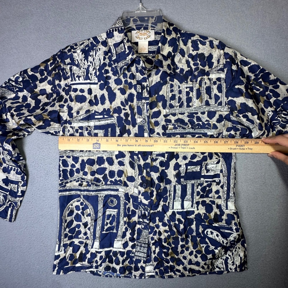 Metro Express 100% Silk Blouse Architectural Animal Print Blue Cream Vintage S - Picture 4 of 9